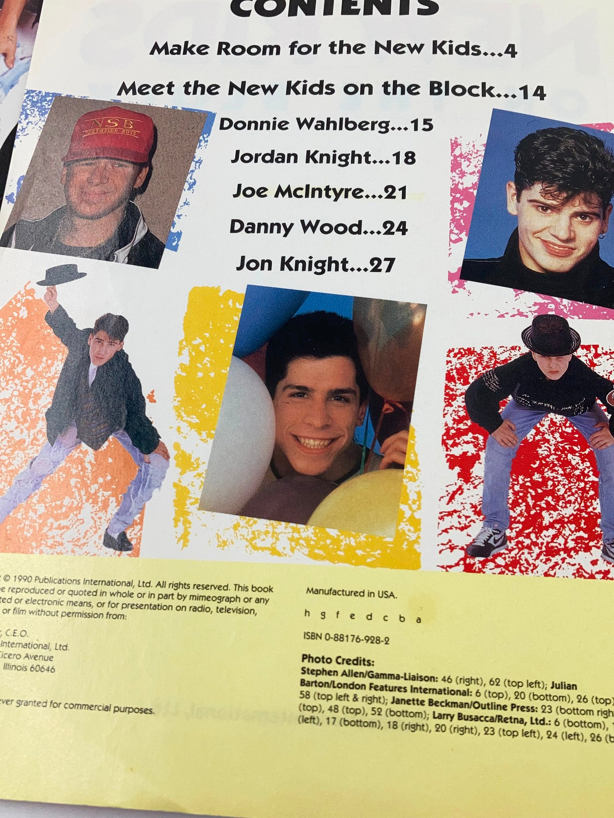 Contents page of '1990 Publications International, Ltd. Presents New Kids On The Block' listing details about the members including Donnie Wahlberg and Jordan Knight, with accompanying images of the band members.