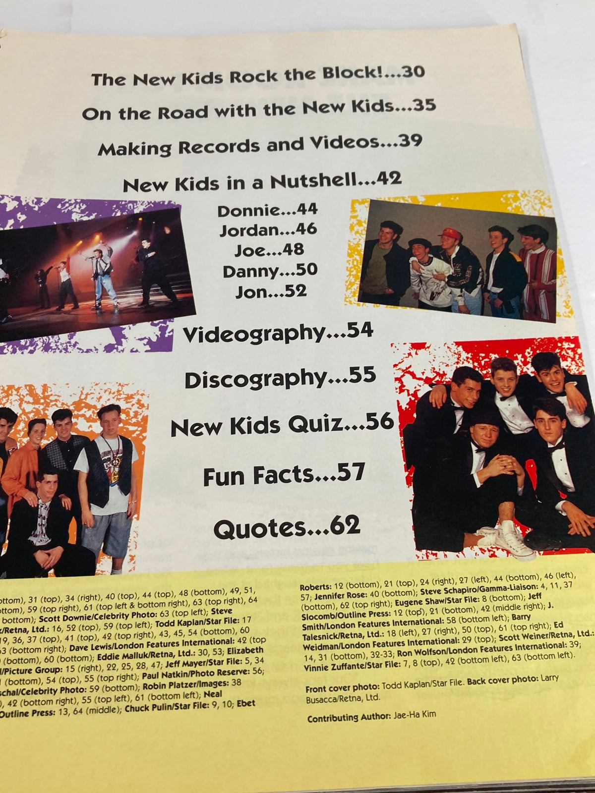 Back contents page of '1990 Publications International, Ltd. Presents New Kids On The Block' providing an overview of the sections including videography, discography, and fun facts about the group.