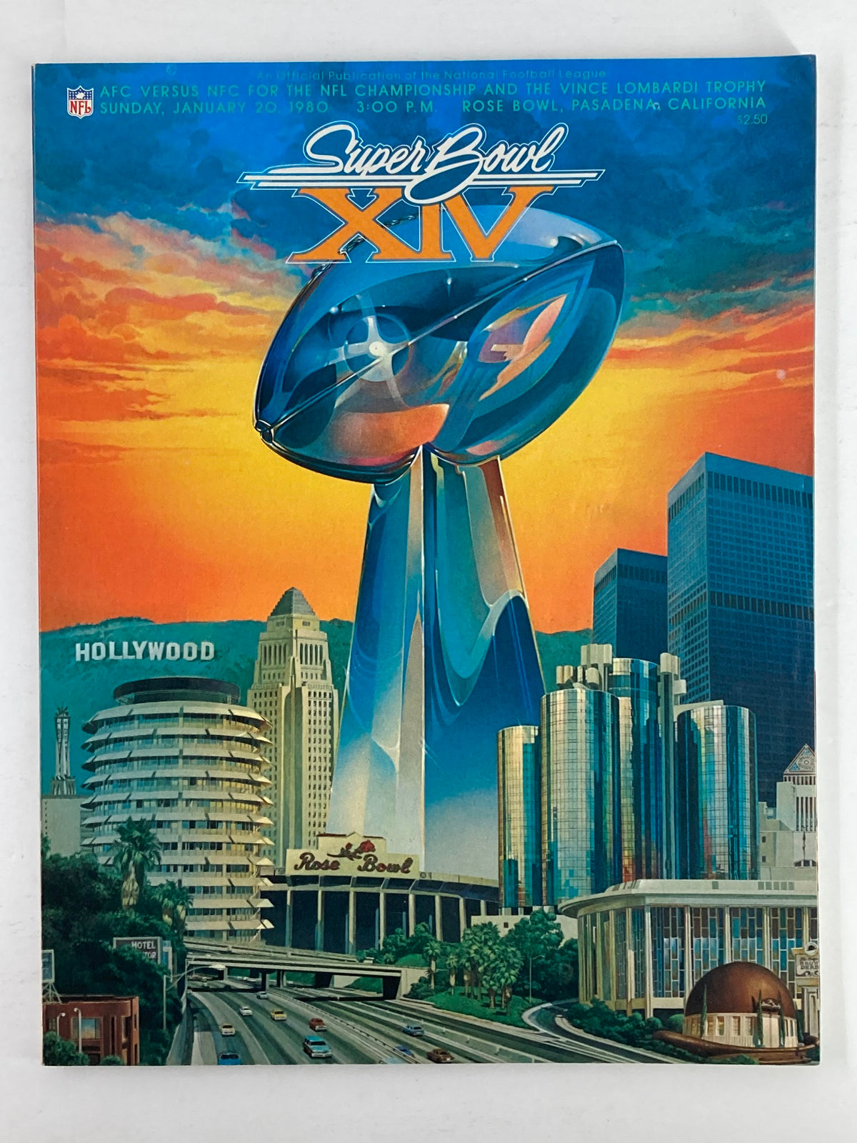 1980 NFL Super Bowl XIV Magazine cover featuring a vibrant depiction of the Vince Lombardi Trophy against a sunset backdrop, showcasing the iconic Rose Bowl and Los Angeles skyline, highlighting the AFC vs NFC championship game.