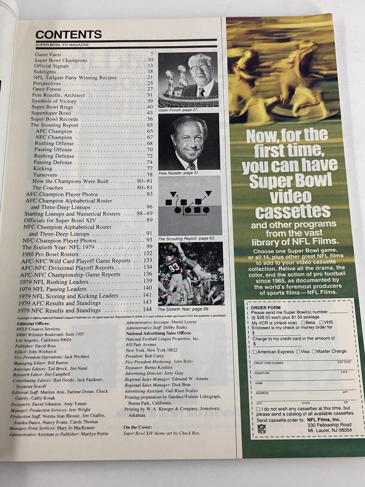 Contents page of the 1980 NFL Super Bowl XIV Magazine detailing articles about the AFC vs NFC match.