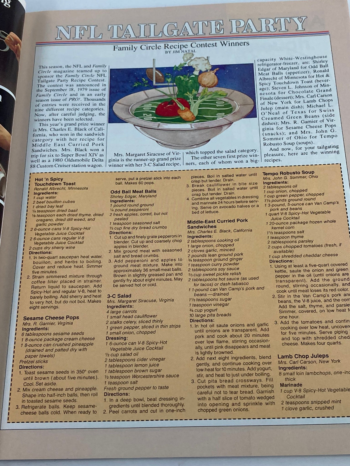 NFL Tailgate Party recipes section from the 1980 NFL Super Bowl XIV Magazine.