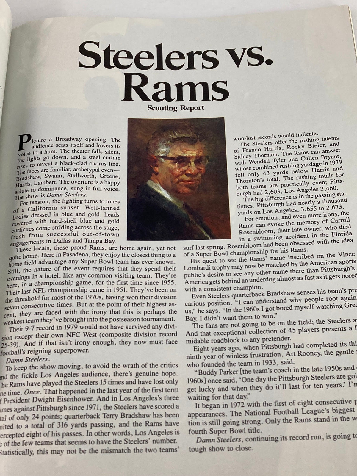Scouting Report section from the 1980 NFL Super Bowl XIV Magazine highlighting the Steelers vs Rams matchup and analyzing team strategies for the Vince Lombardi Trophy.