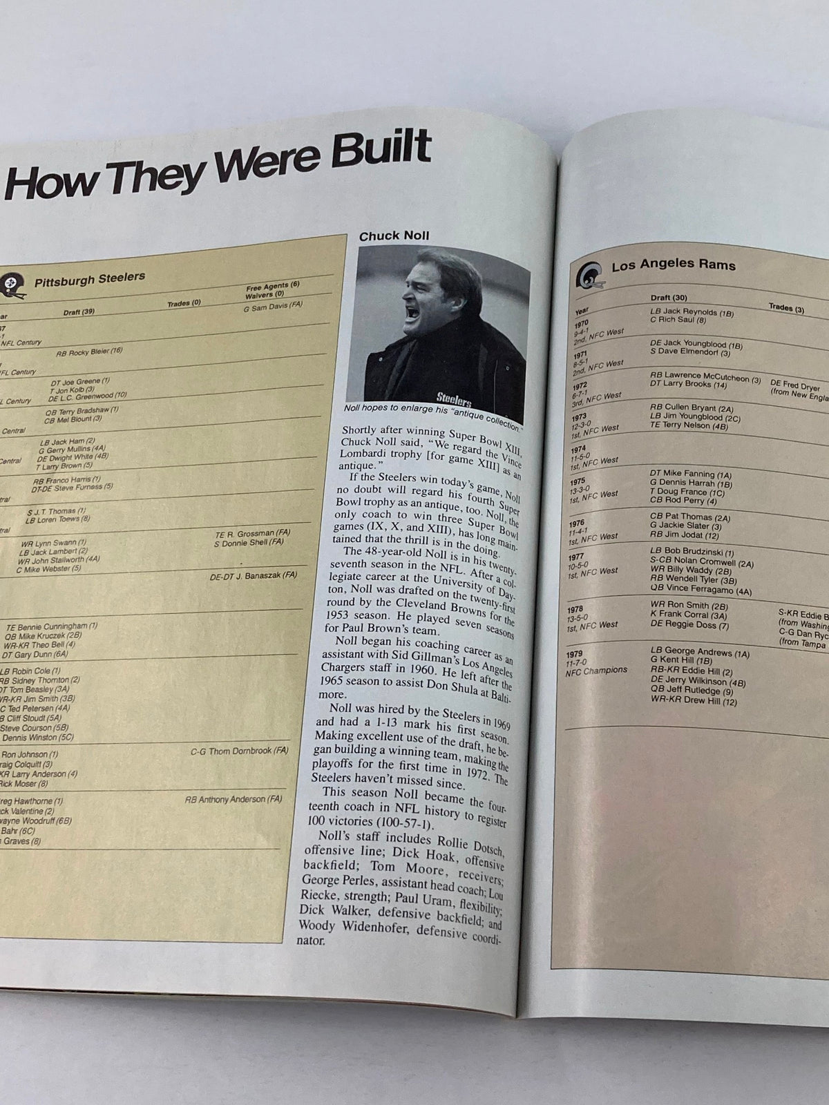 Page from the 1980 NFL Super Bowl XIV Magazine detailing how the Pittsburgh Steelers and Los Angeles Rams were built for the Vince Lombardi Trophy contention.