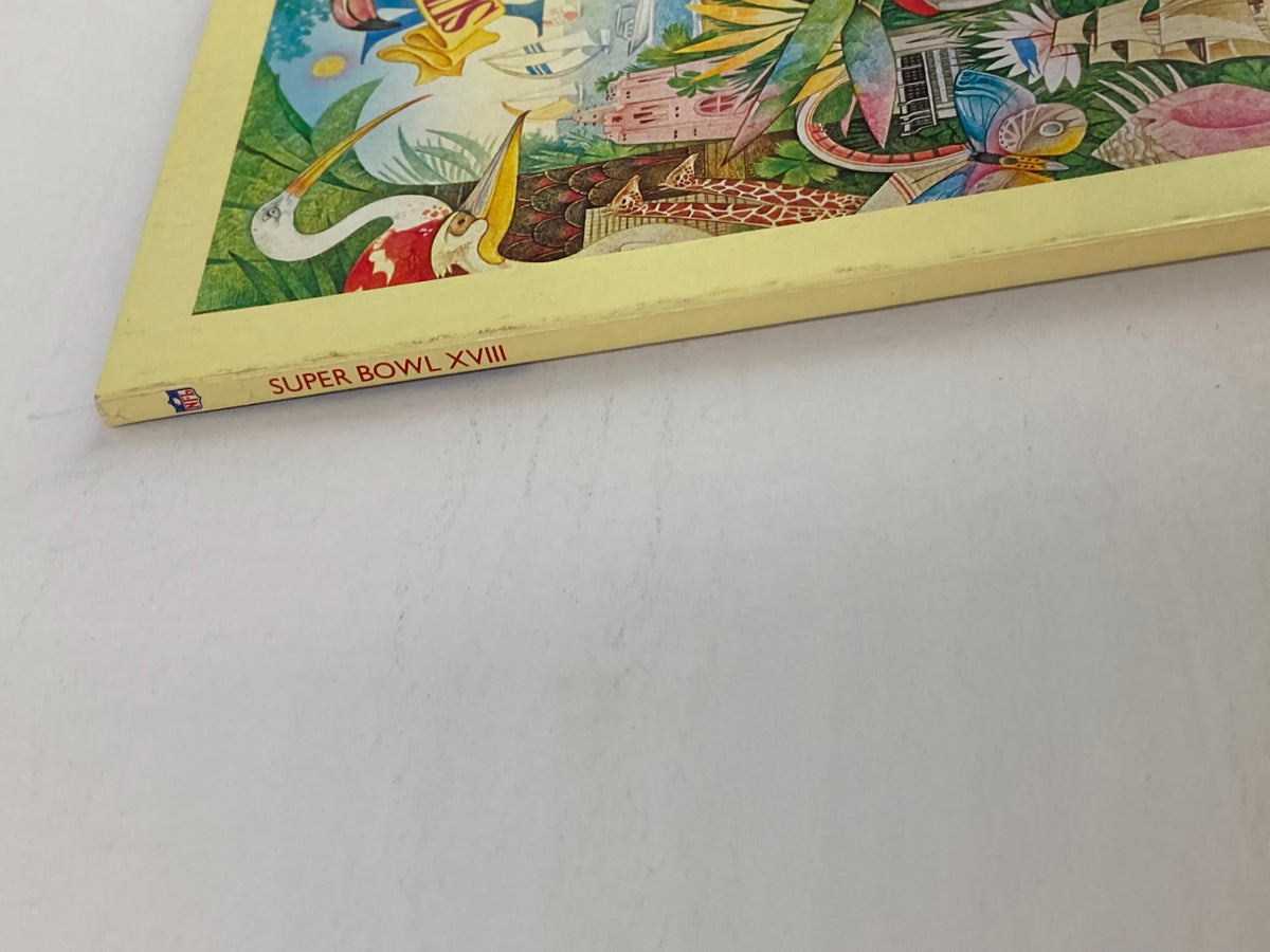 Spine view of the 1984 NFL Super Bowl XVIII Magazine displaying the title 'SUPER BOWL XVIII', highlighting its vintage appeal for collectors and NFL fans.