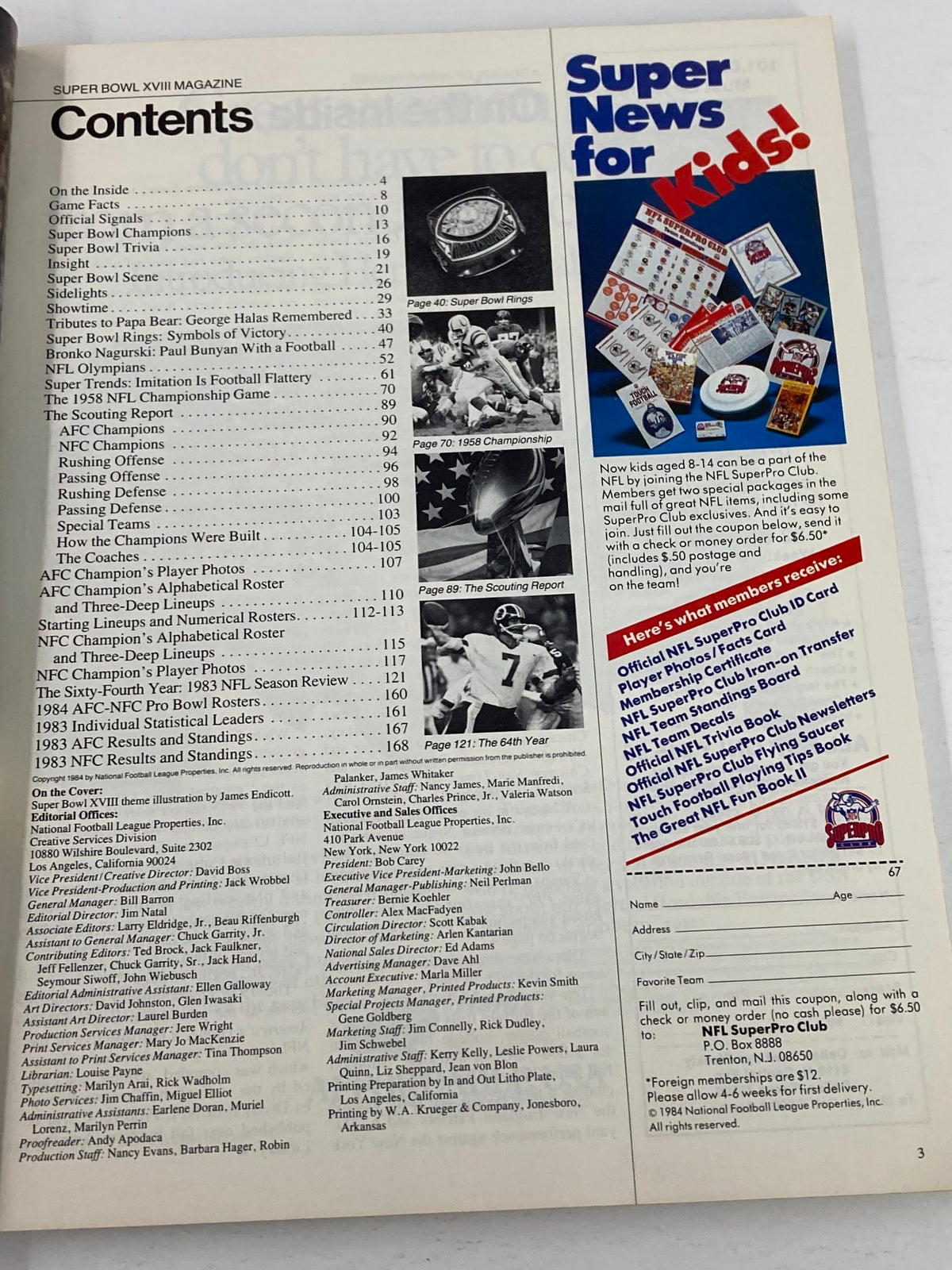 Table of contents page from the 1984 NFL Super Bowl XVIII Magazine, detailing sections and articles about the Super Bowl, players, and championship history.