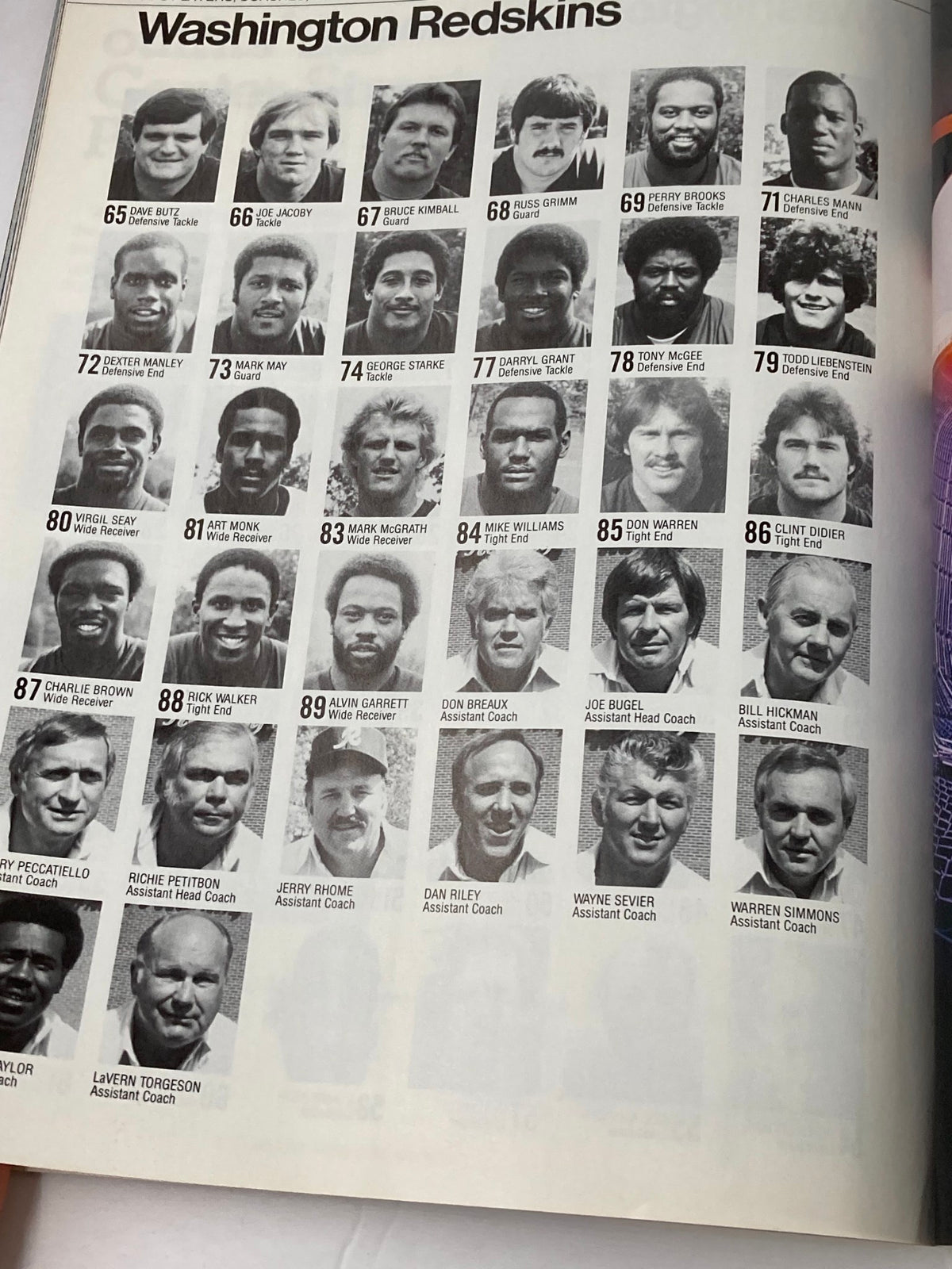 Washington Redskins player and coaching staff roster from the 1984 NFL Super Bowl XVIII Magazine, emphasizing the AFC vs NFC rivalry.