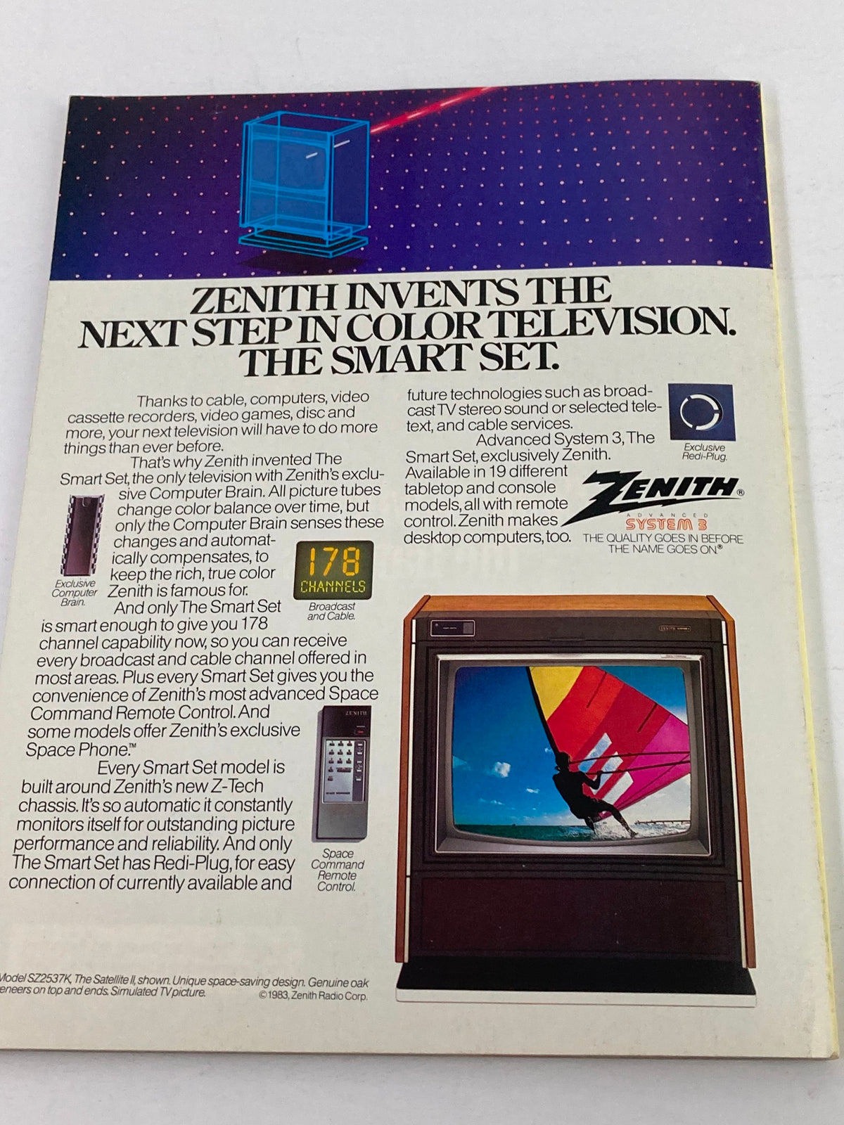 Ad for Zenith Smart Set color television featuring a retro design, showcasing features like 178 channel capability and Space Command Remote Control. The ad promotes the next step in color television technology, highlighting its innovative Computer Brain, from the 1984 NFL Super Bowl XVIII Magazine.