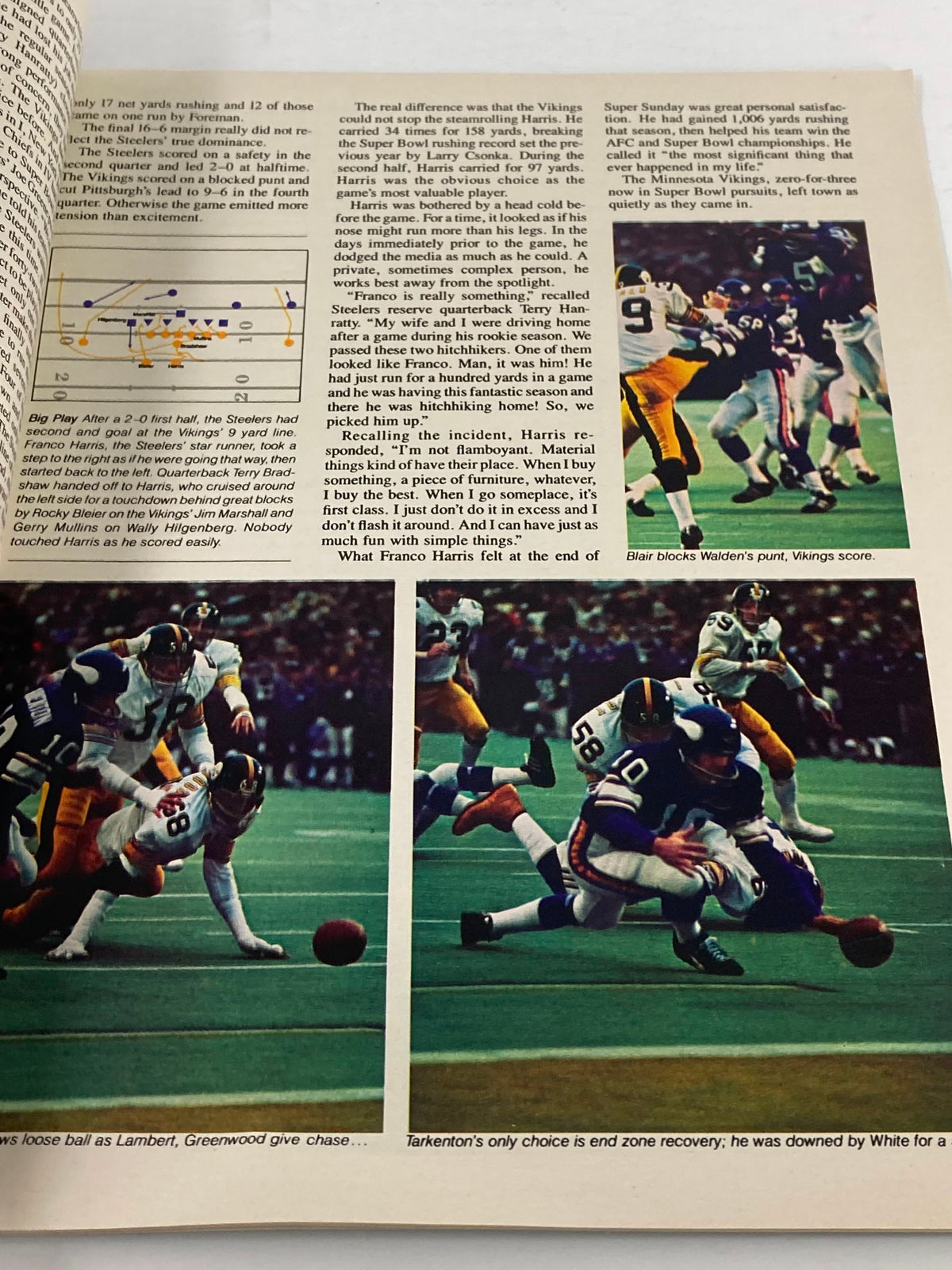 Interior page from the 1975 Volume 3 Official NFL Souvenir - Complete History of the Super Bowl IX - XI showcasing action shots from Super Bowl games and detailed commentary.