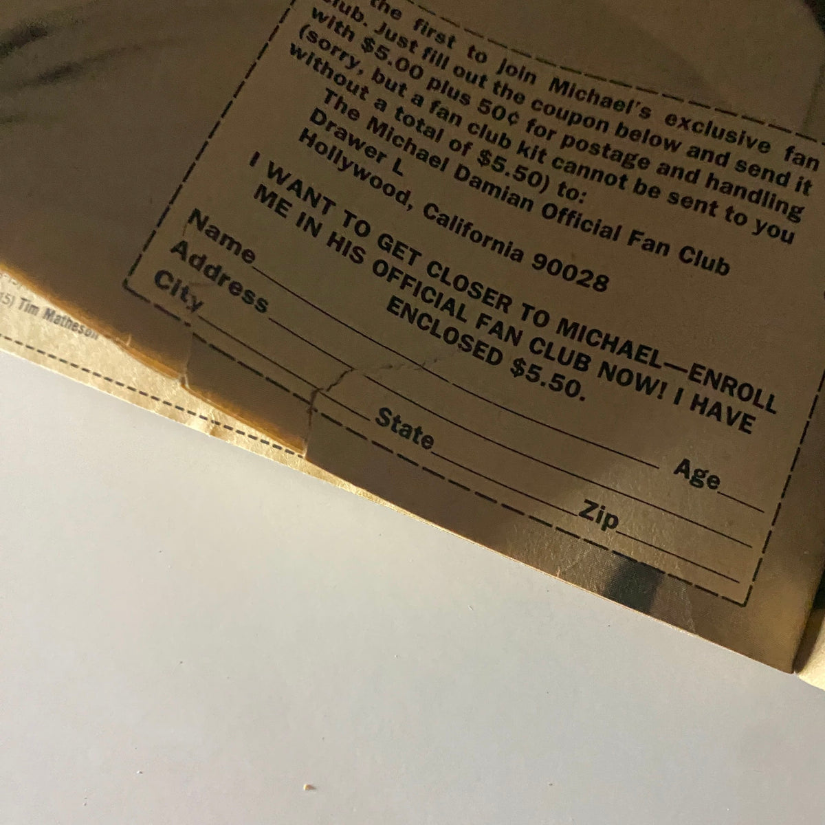 Fan club enrollment coupon for Michael Damian included in Tiger Beat Magazine January 1982, designed for fans.