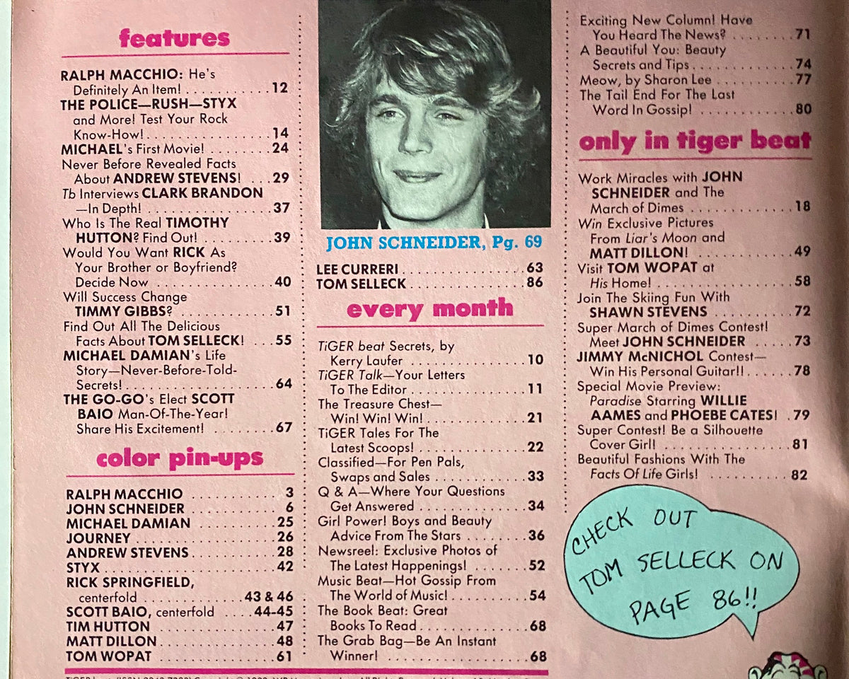 Inside spread of Tiger Beat Magazine May 1982 featuring articles on Ralph Macchio, John Schneider, and celebrity interviews with a handwritten note about Tom Selleck.