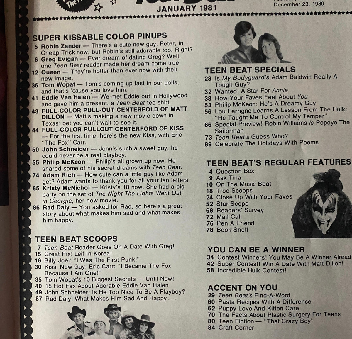 Inside page of Teen Beat Magazine January 1981 showcasing content highlights including Super Kissable Color Pinups and Teen Beat Specials.