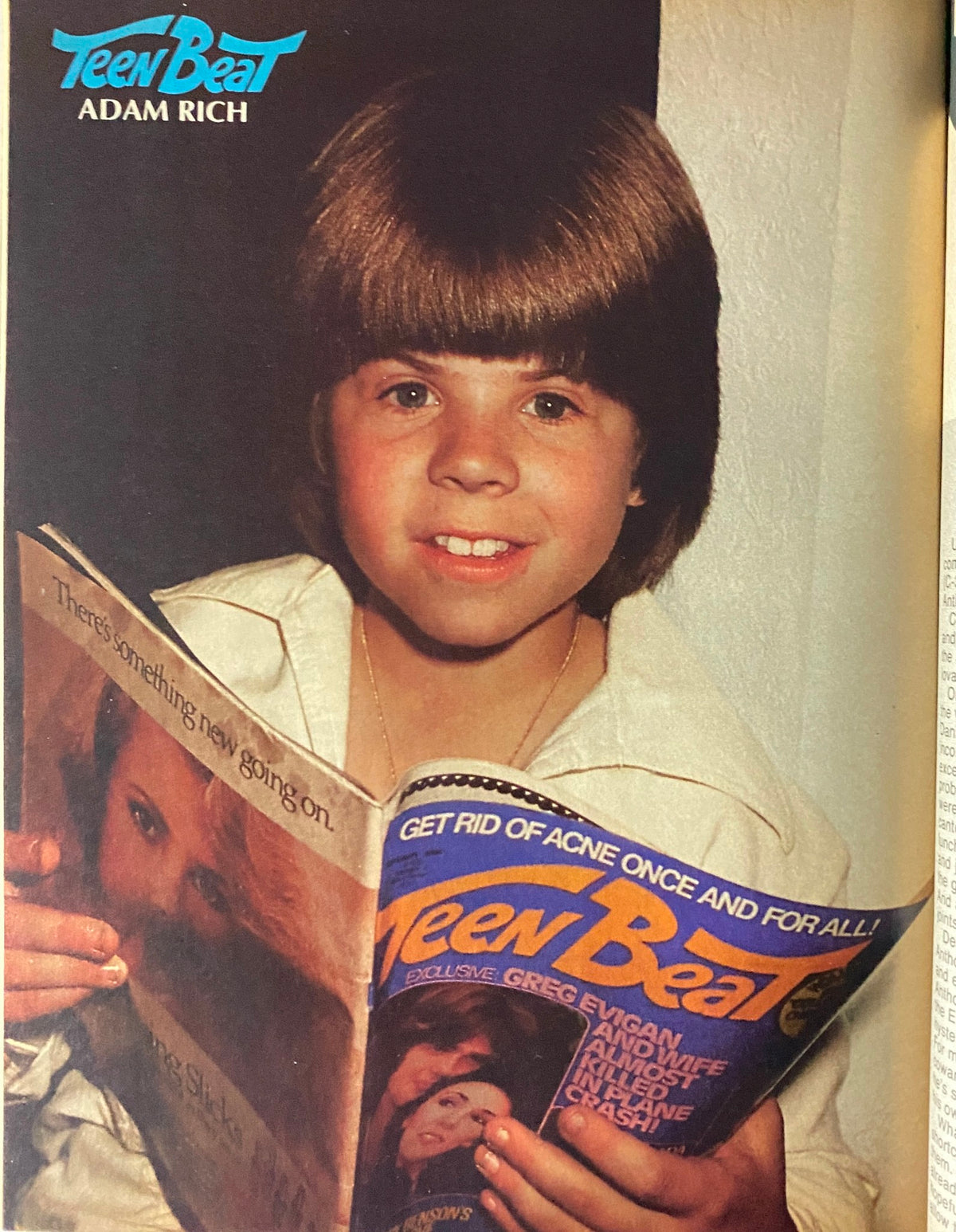 Teen Beat Magazine featuring Adam Rich from January 1981. Adam is smiling and holding a copy of Teen Beat magazine showcasing pop culture and celebrity content.