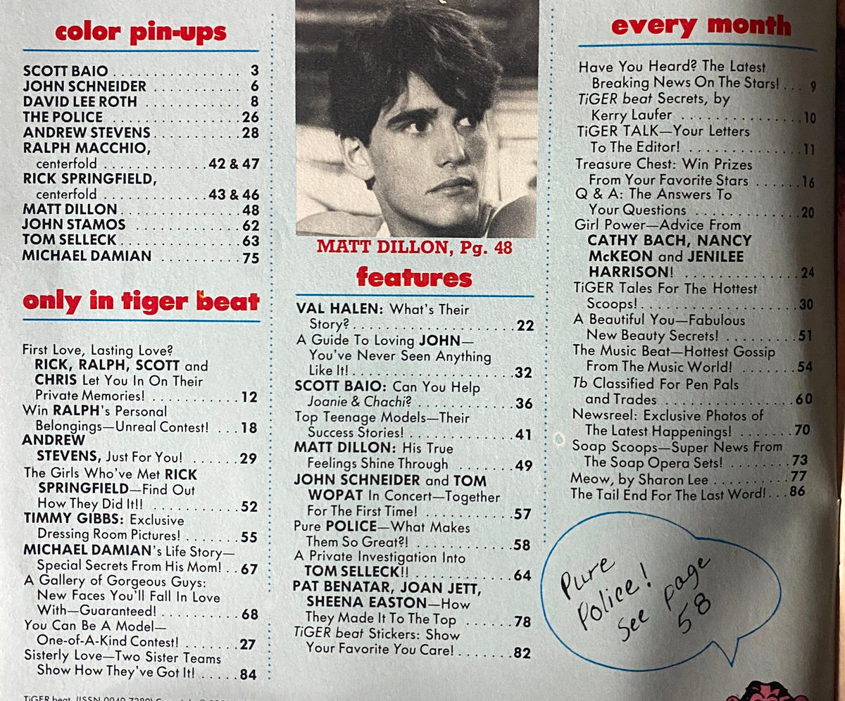Table of contents from Tiger Beat Magazine June 1982, listing featured pin-ups and articles including Matt Dillon and Michael Damian, with handwritten note.