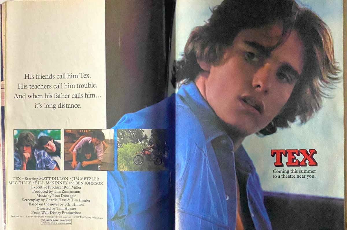 Promotional page for the movie 'Tex' from the Tiger Beat Magazine June 1982, showcasing images of Matt Dillon along with a captivating description highlighting the film's themes.