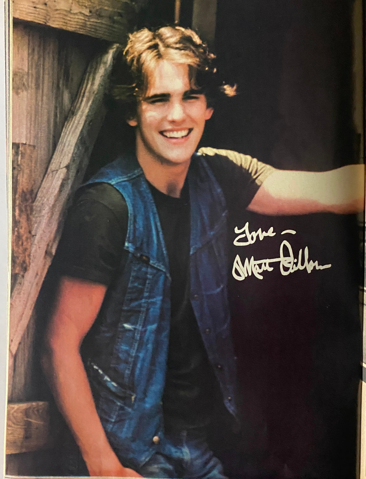 A stunning photograph of Matt Dillon in a denim vest, signed by him, featured in the Tiger Beat Magazine June 1982. This image captures the essence of teenage heartthrobs from the 1980s.