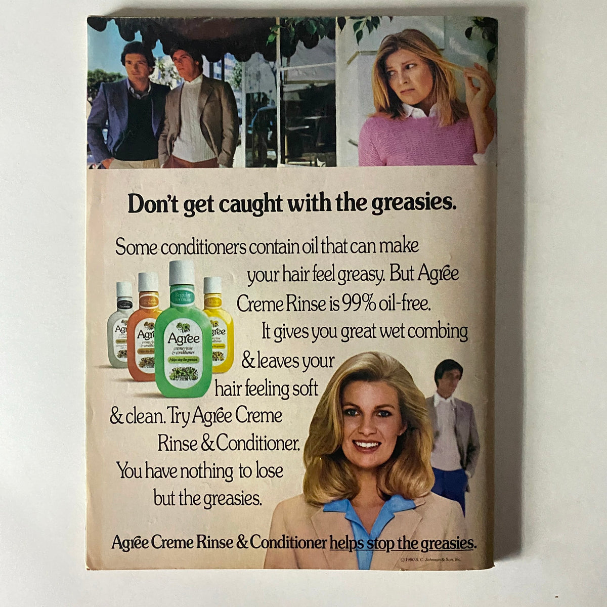 Vintage advertisement showcasing Agree Creme Rinse & Conditioner, presented in the August 1980 issue of Tiger Beat Magazine. The ad focuses on promoting oil-free hair care with a smiling model.