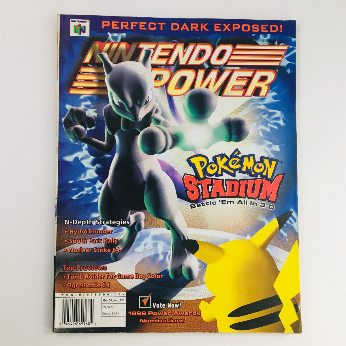 Cover of Nintendo Power Magazine March 2000 Vol 130 featuring Pokémon Stadium, showcasing Mewtwo and iconic Nintendo branding.