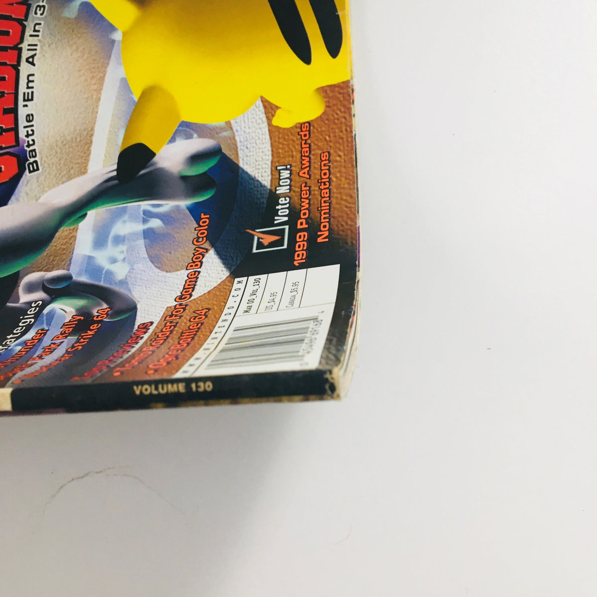 Back cover of Nintendo Power Magazine March 2000 Vol 130 displaying Pikachu and promotional content related to Pokémon Stadium Battle 'Em All in 3D.