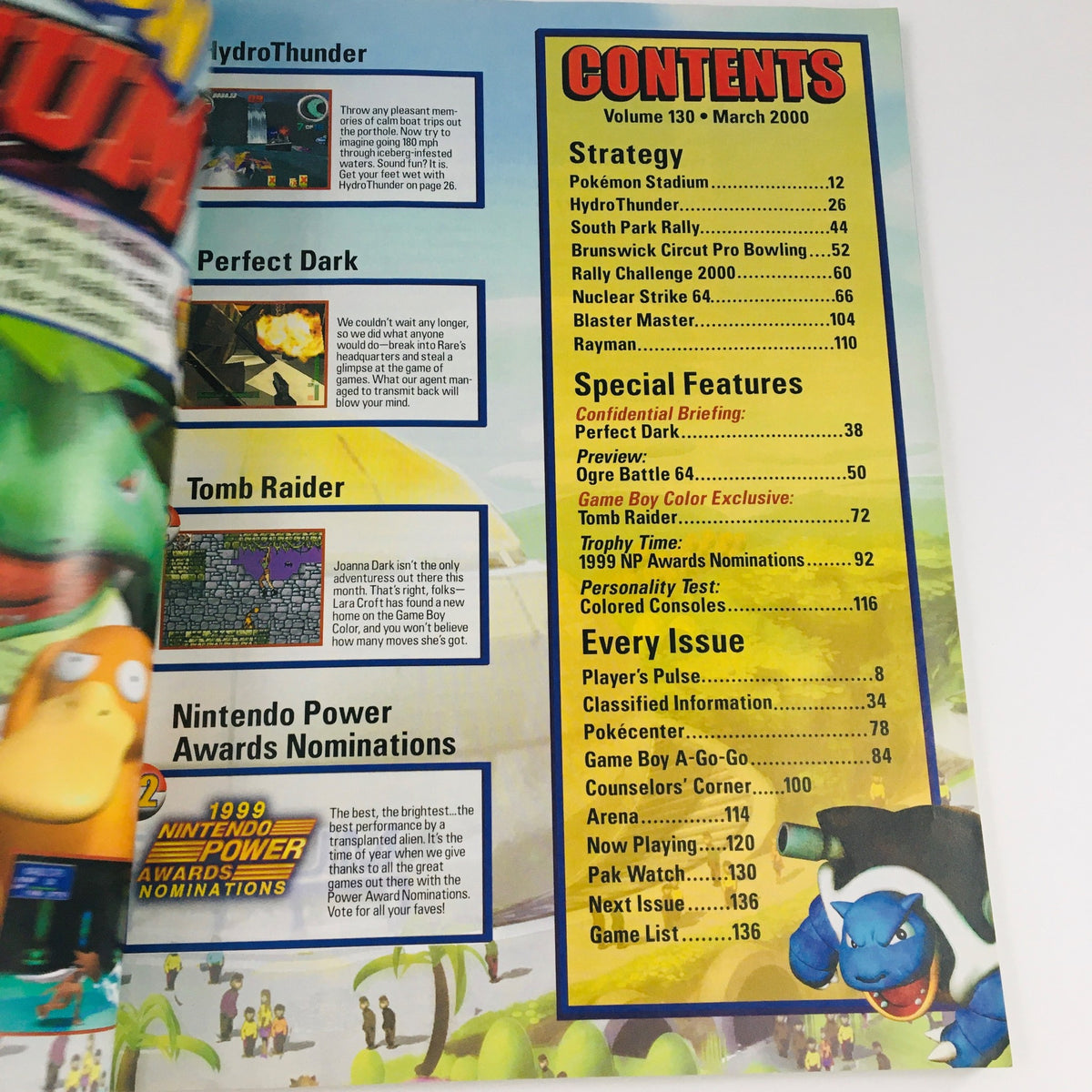 Contents page of Nintendo Power Magazine March 2000 Vol 130 showing various sections including Pokémon Stadium Battle 'Em All in 3D.