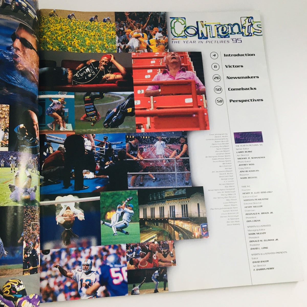 Interior page of Sports Illustrated Magazine 1995 showcasing the contents of 'The Year in Pictures,' featuring various sports-related images and headlines.