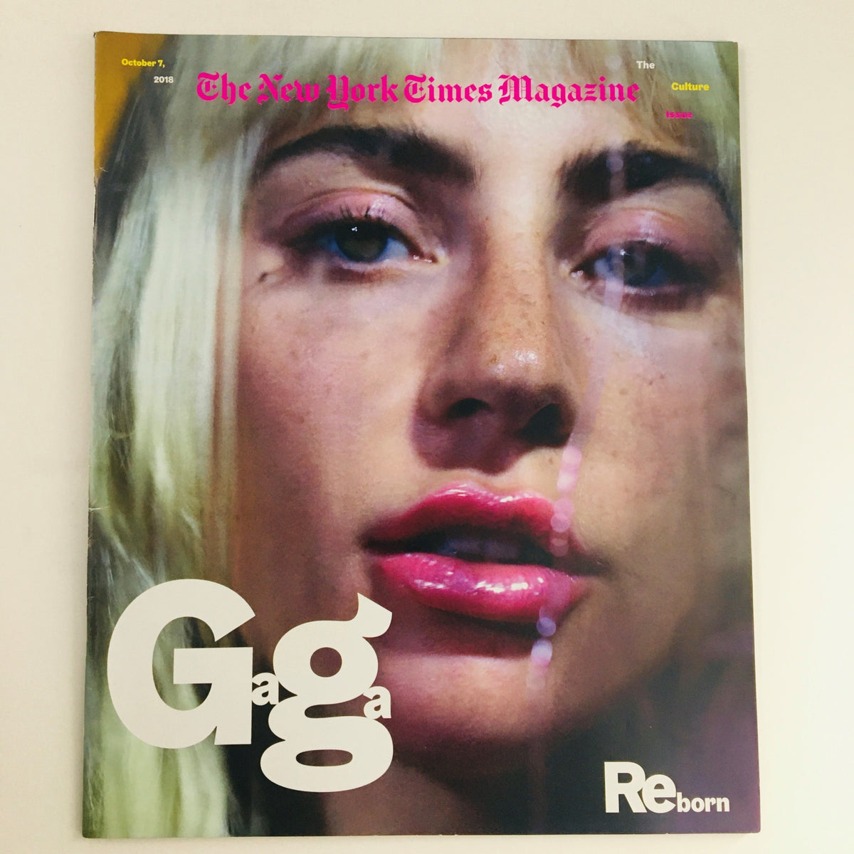 Cover of The New York Times Magazine, October 7, 2018, featuring the vibrant image of Lady Gaga with the text 'Gaga' and 'Reborn' prominently displayed, highlighting the iconic culture issue.