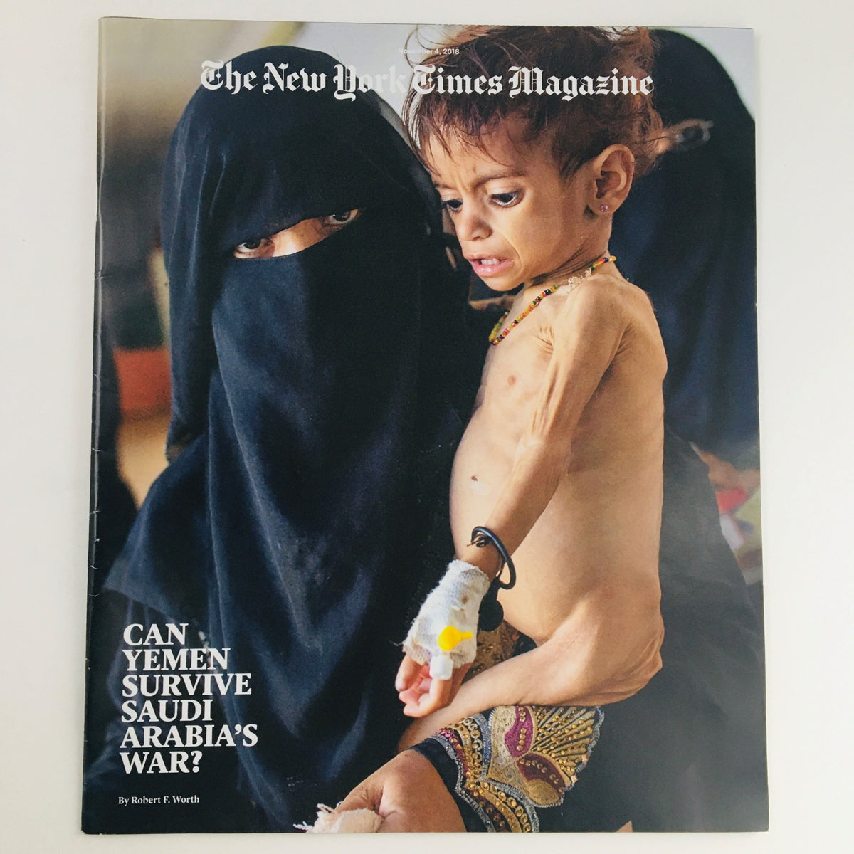 Cover of The New York Times Magazine, November 4, 2018, featuring the title 'Can Yemen Survive Saudi Arabia's War?' with an image of a child and a woman in a niqab.