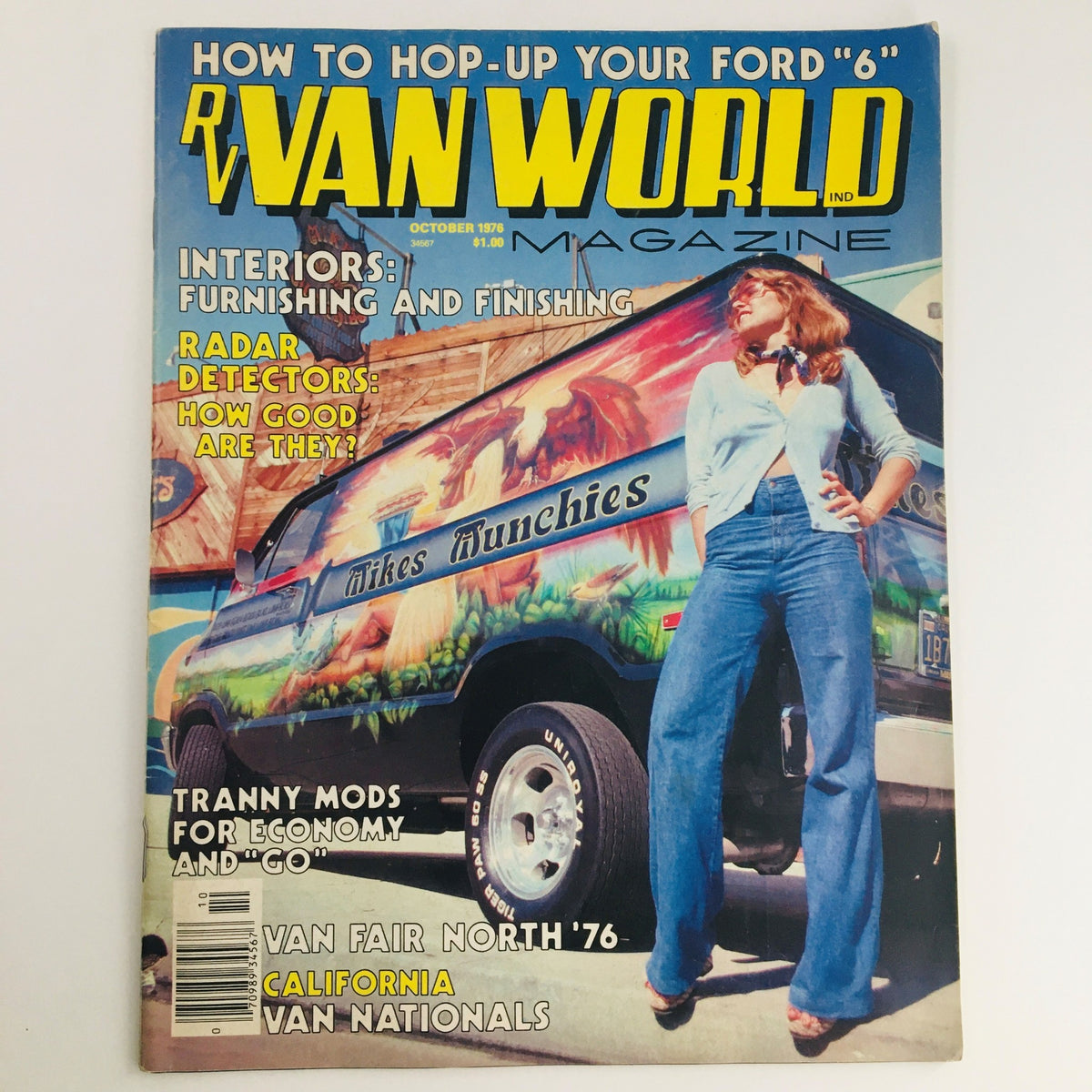 Cover of Van World Magazine October 1976 featuring Mikes Munchies Van and California Van Nationals, showcasing vintage automotive culture and fashion.