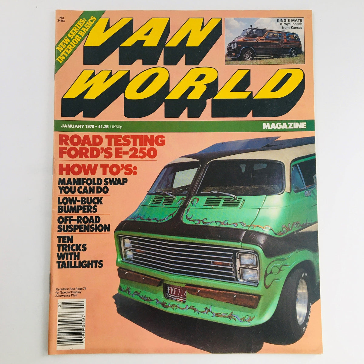 Cover of Van World Magazine, January 1979, featuring a road testing article on Ford's E-250. The issue highlights 'How To's' for automotive enthusiasts and showcases the unique King's Mate van from Kansas, emphasizing vintage automotive culture.