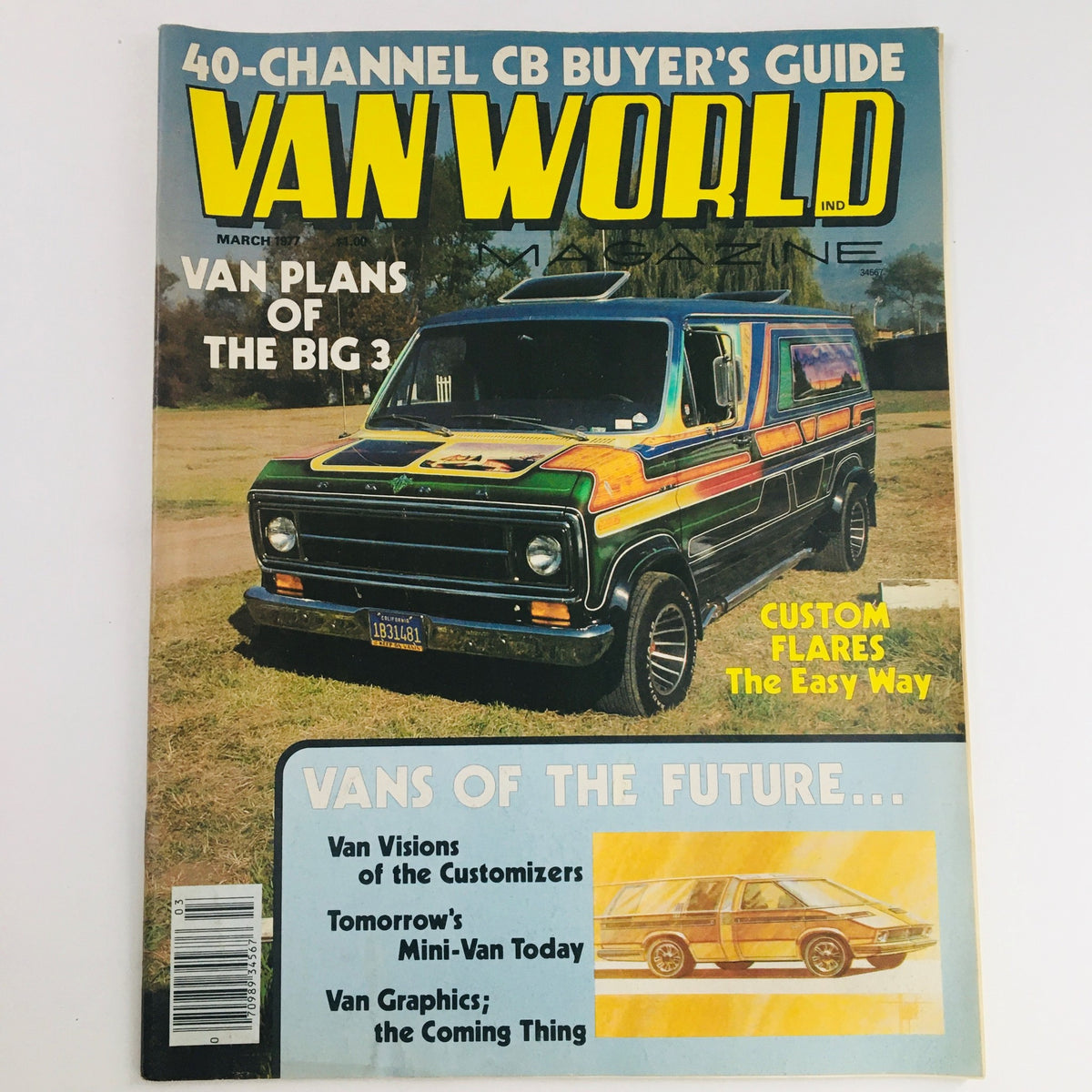 Cover of Van World Magazine March 1977 featuring 'Van Plans of The Big 3 & Flares The Easy Way'. The magazine showcases a colorful van on the front with headlines about custom flares and vans of the future, reflecting the 1970s van culture.