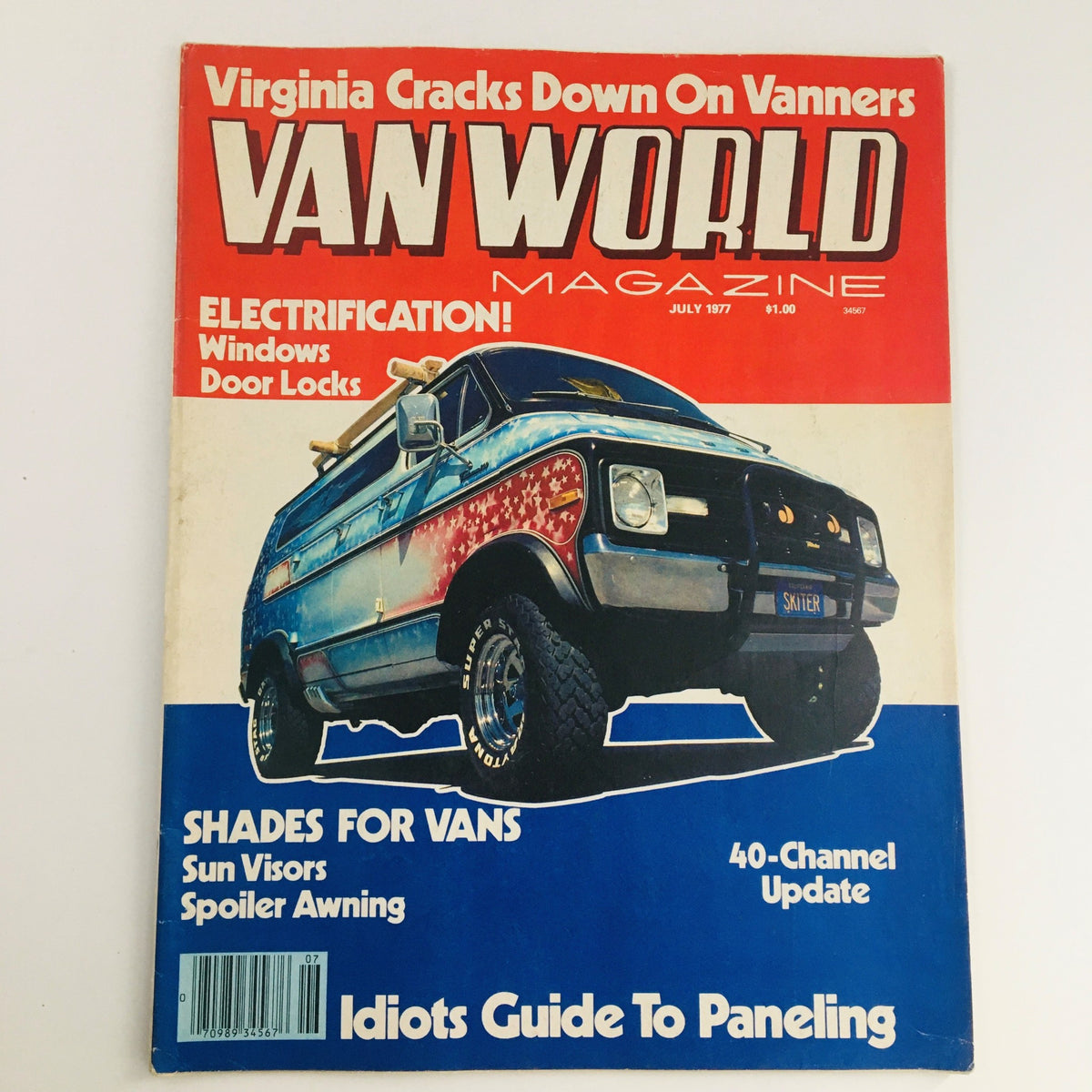 Cover of Van World Magazine July 1977 featuring a custom van with a vibrant paint job and the title "Van World Magazine" prominently displayed. The issue includes articles on Shades for Vans and the Idiots Guide to Paneling.