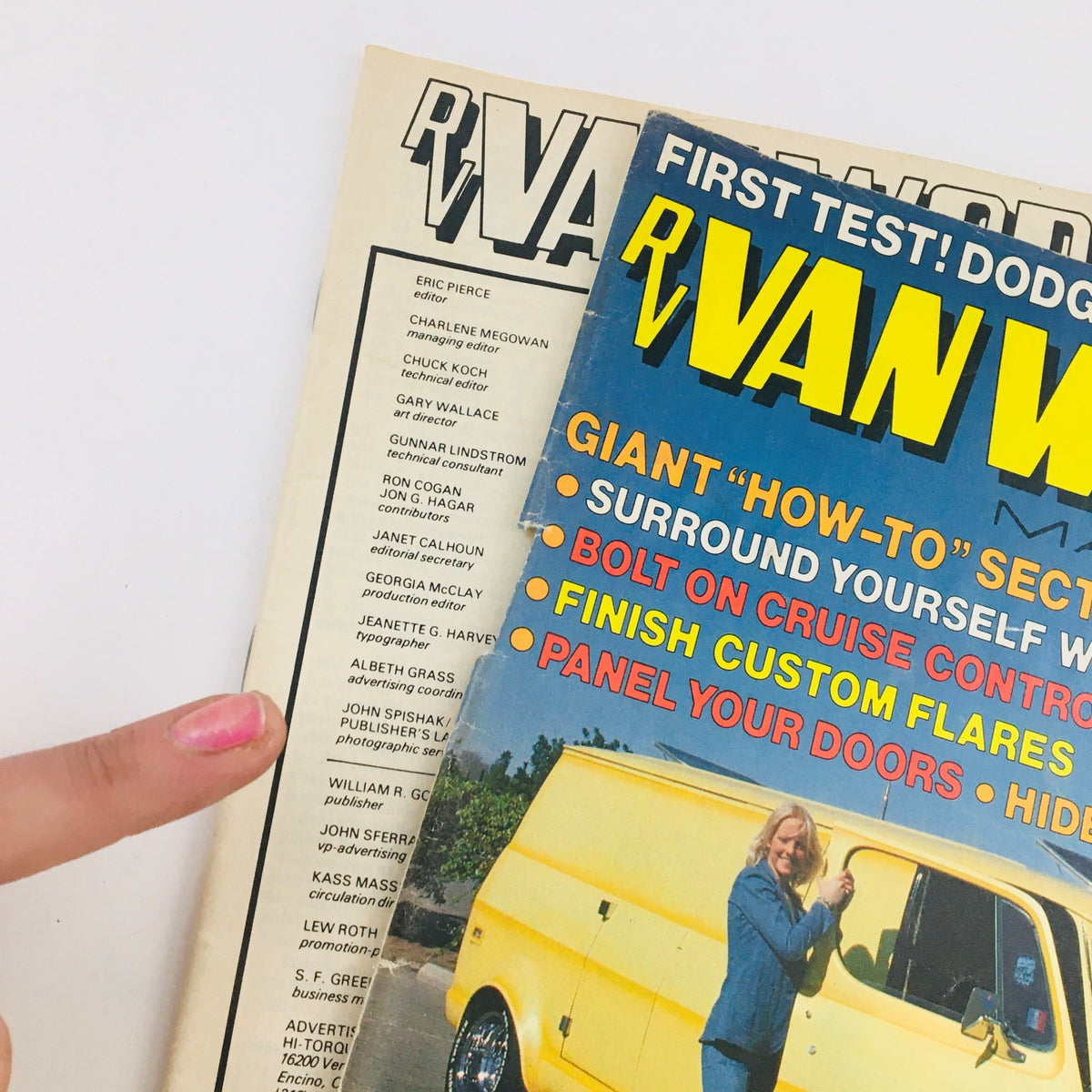 Inside view of RV Van World Magazine May 1976 showcasing the editorial team and 'How-To' content, including features on van customization and maintenance.