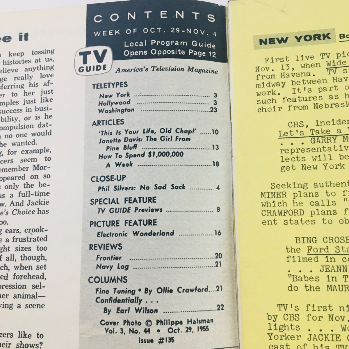 Inside page of TV Guide Magazine from October 29, 1955, featuring the contents section with articles, close-up on Phil Silvers, and TV Guide previews in Volume 3, Issue #44.