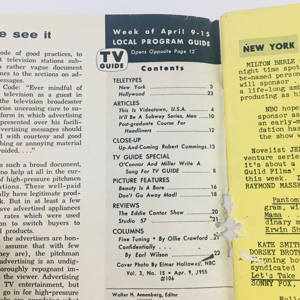 Inside page of TV Guide Magazine April 9 1955 highlighting local program guide contents and articles from the television era.