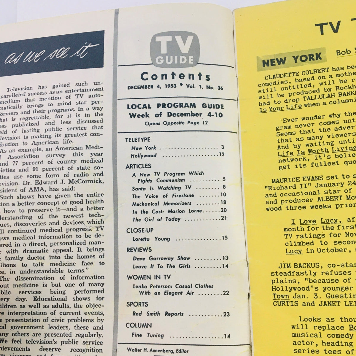 Inside contents page of TV Guide Magazine December 4, 1953, revealing program listings and articles, including Loretta Young's feature.