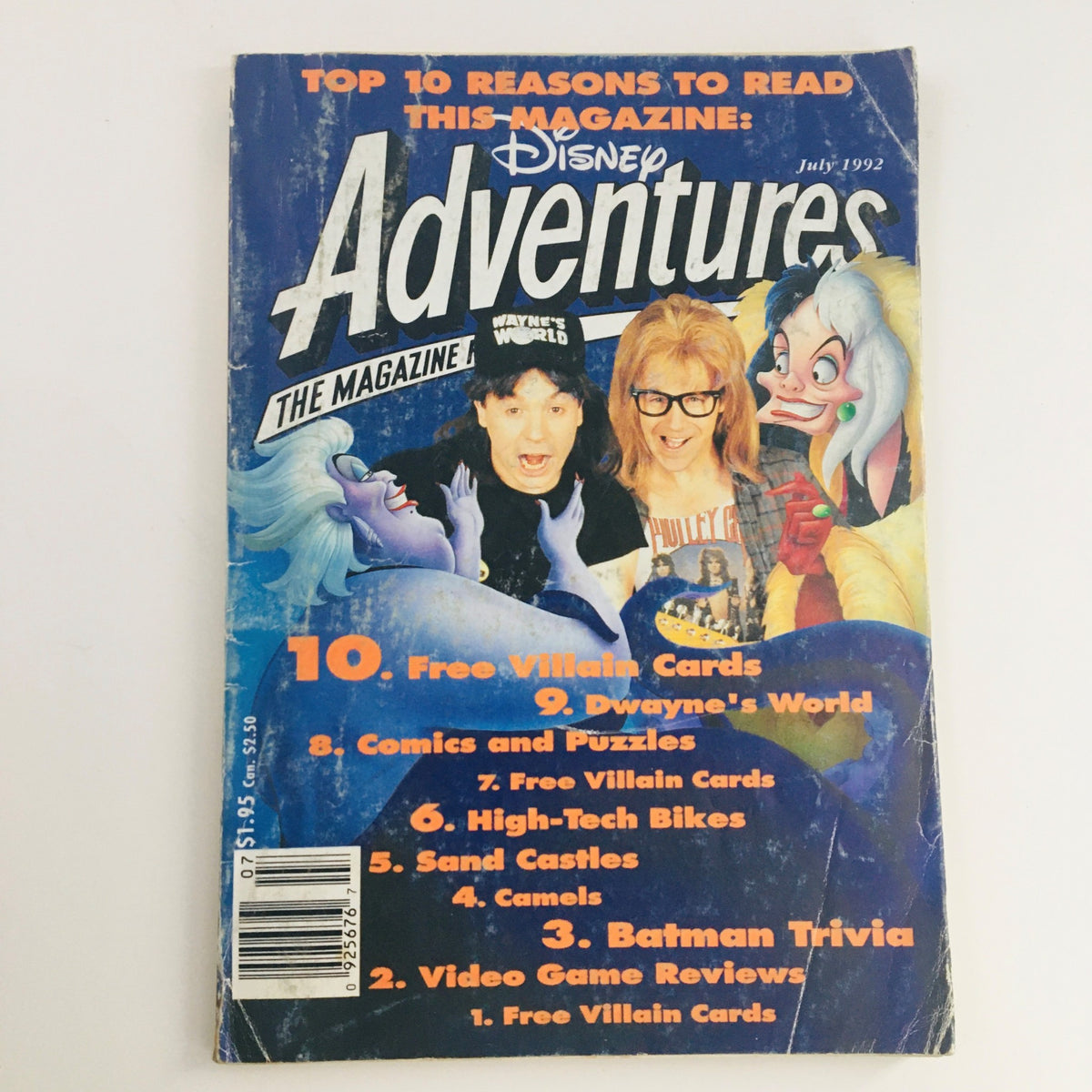 Disney Adventures The Magazine July 1992 cover featuring Wayne's World actor Mike Myers and vibrant illustrations, highlighting pop culture and nostalgia.