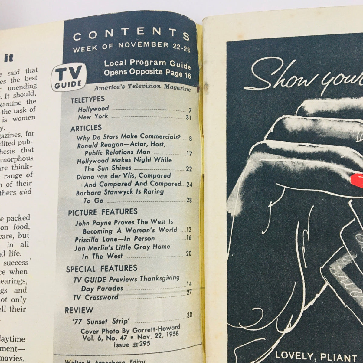 Contents page of TV Guide Magazine November 22 1958 Vol 6 #47, listing articles including Ronald Reagan's feature and reviews of popular shows from that era.