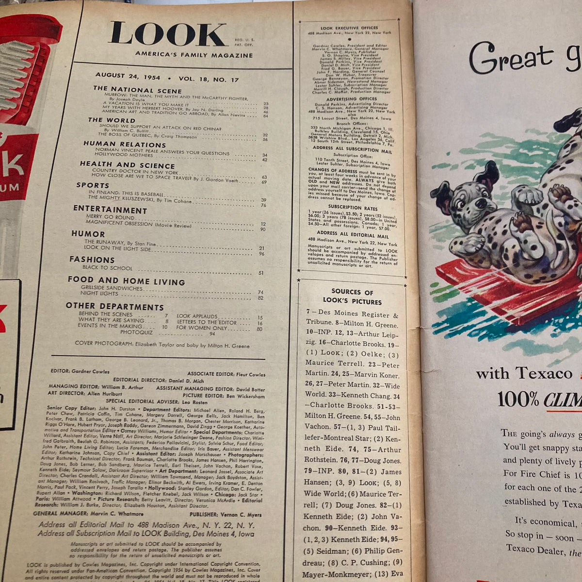 Interior pages of VTG Look Magazine August 24 1954 Vol 18 No. 17 featuring contents and advertisements including a cover photograph of Elizabeth Taylor and her baby.