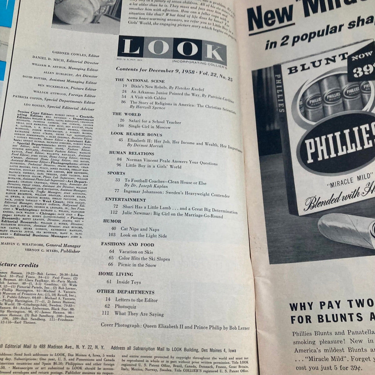 Interior page of Look Magazine December 9, 1958, displaying the table of contents including articles related to Queen Elizabeth II.