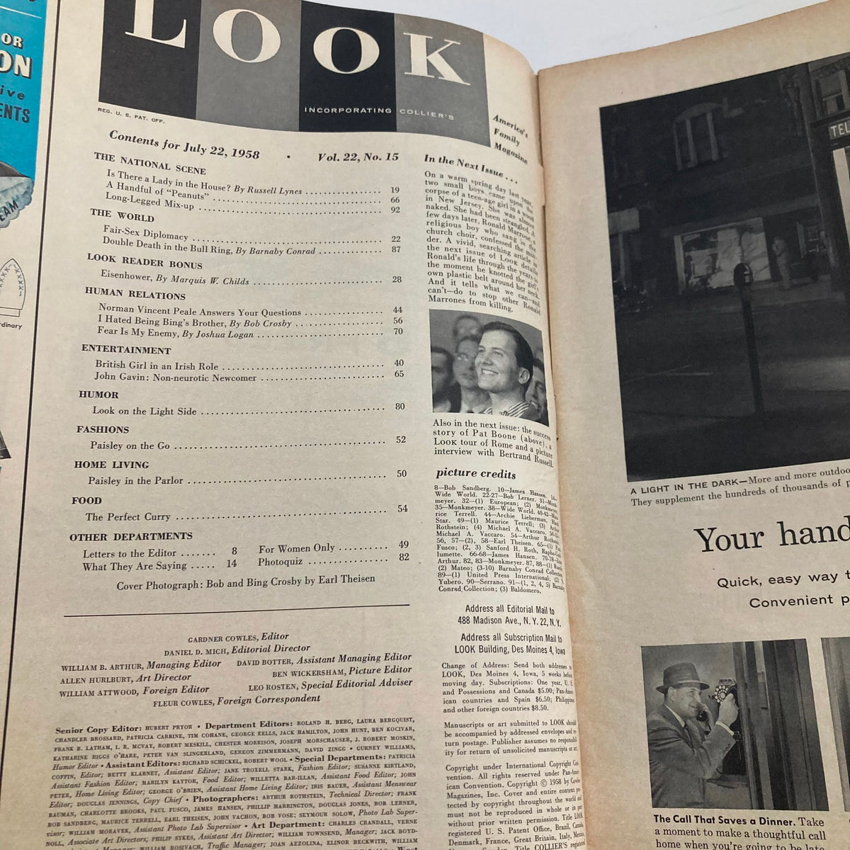 Inside page of VTG Look Magazine July 22 1958, Vol 22 No. 15, displaying the table of contents highlighting articles and features from the era.