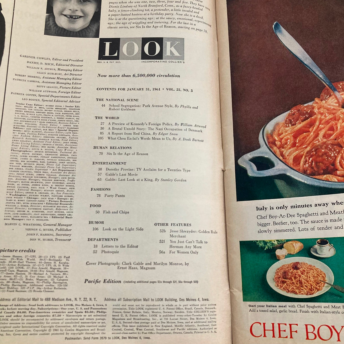 Inside content page of VTG Look Magazine January 31 1961, showcasing the table of contents with articles and features including celebrity highlights, social commentary, and vintage photography from the era.