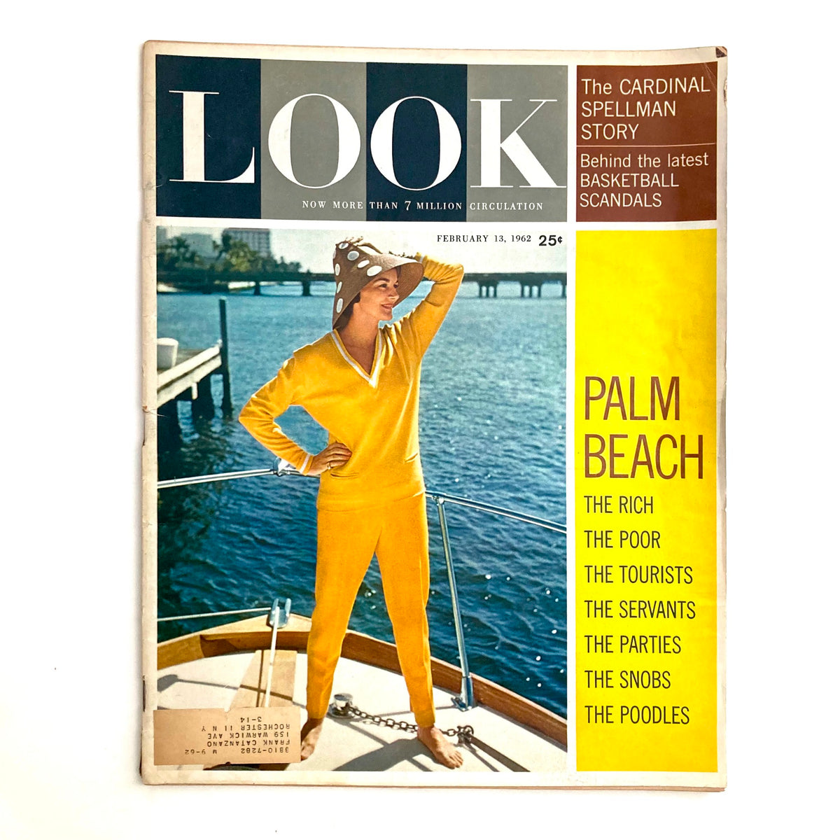 Cover of VTG Look Magazine February 13 1962 Vol 26 No. 4 featuring a model in a yellow outfit and a large hat by the waterfront, highlighting 'The Cardinal Spellman Story' and Palm Beach.