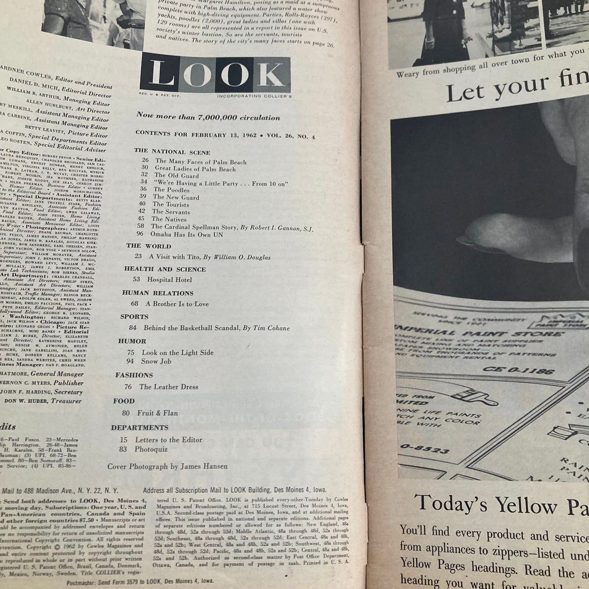 Interior page of the VTG Look Magazine February 13 1962 Vol 26 No. 4 showcasing the table of contents including articles on Palm Beach, The Cardinal Spellman Story, health, human relations, and more.