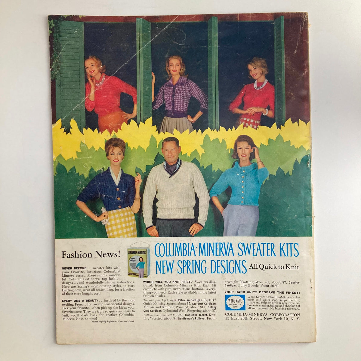 Cover of VTG McCall's Needlework & Crafts Magazine Spring-Summer 1961 featuring models displaying various knitting and embroidery designs amidst a colorful backdrop of greenery.