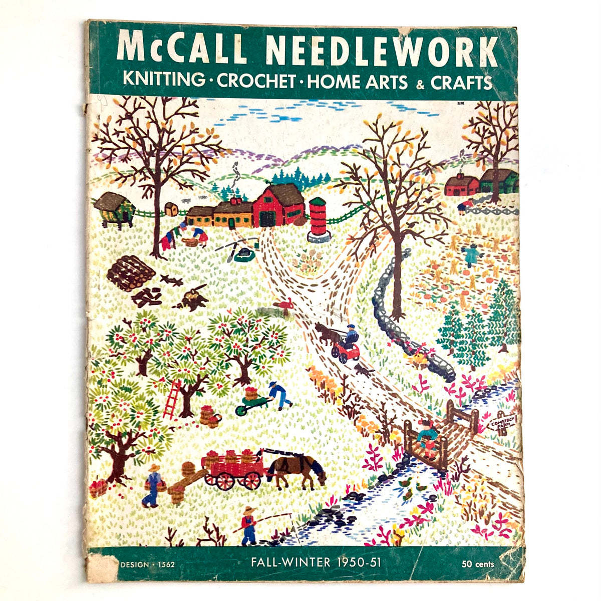 Cover of McCall Needlework Magazine Fall Winter 1950 featuring colorful illustrations of rural scenes related to knitting and crochet.