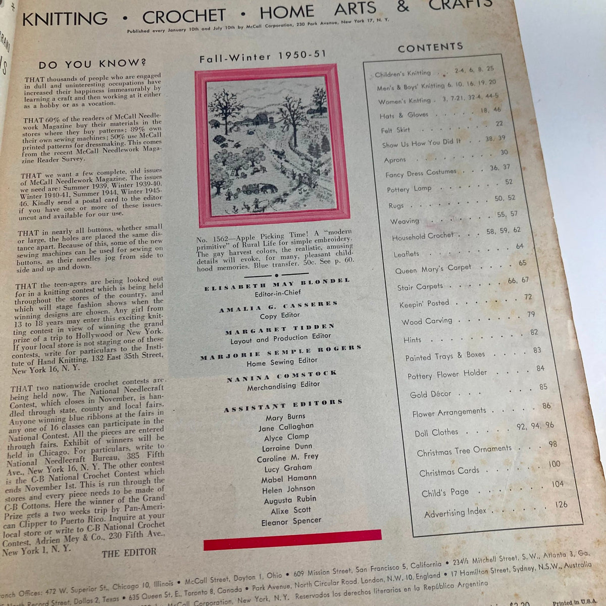 Contents page of McCall Needlework Magazine Fall Winter 1950 highlighting various sewing, knitting, and crochet topics for readers.