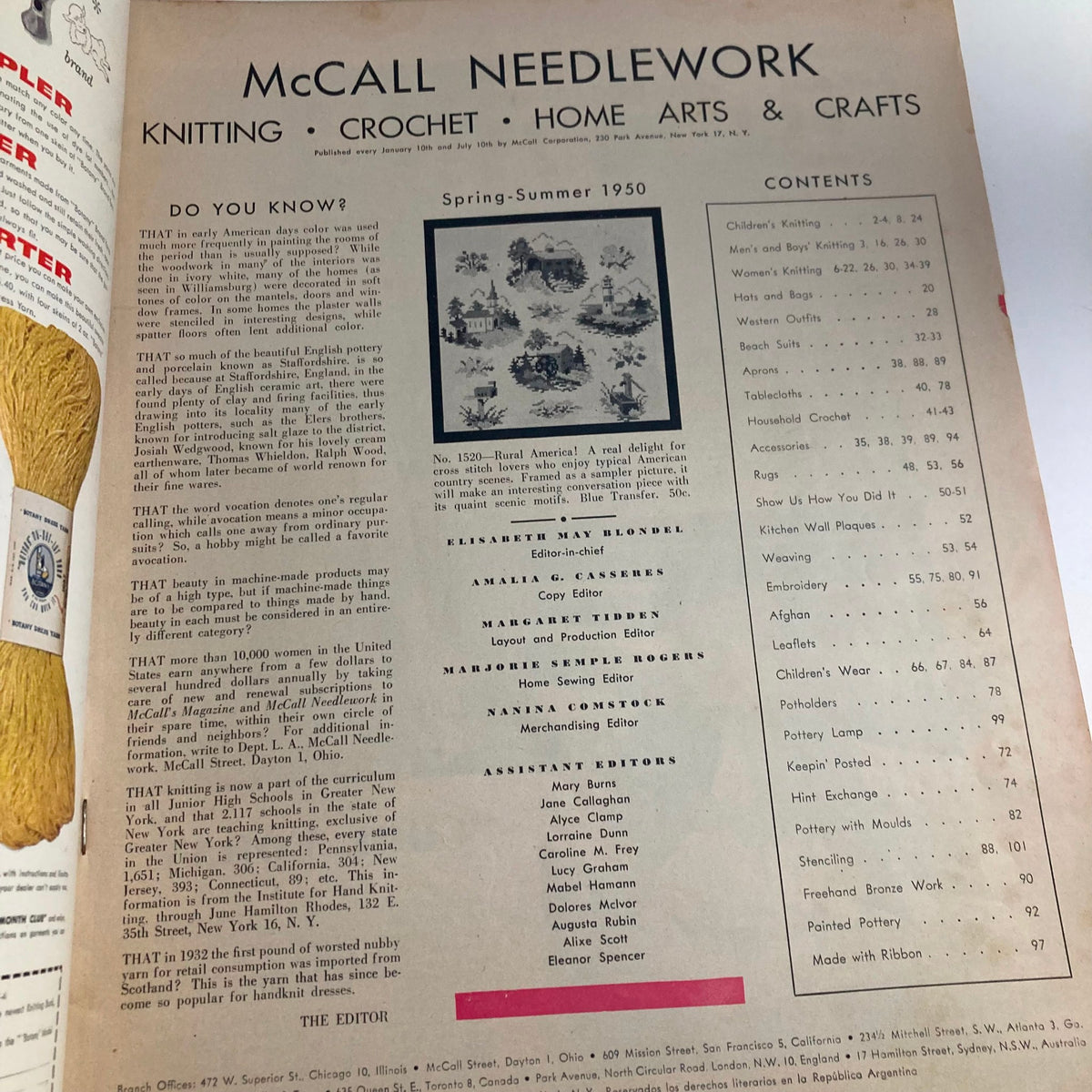Inside page of McCall Needlework Magazine Spring Summer 1950 showcasing the table of contents and editorial details, highlighting various knitting, crochet, and home arts sections.
