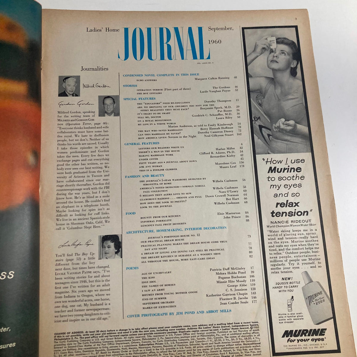 Ladies' Home Journal Magazine September 1960 interior page showcasing the table of contents with features and articles.