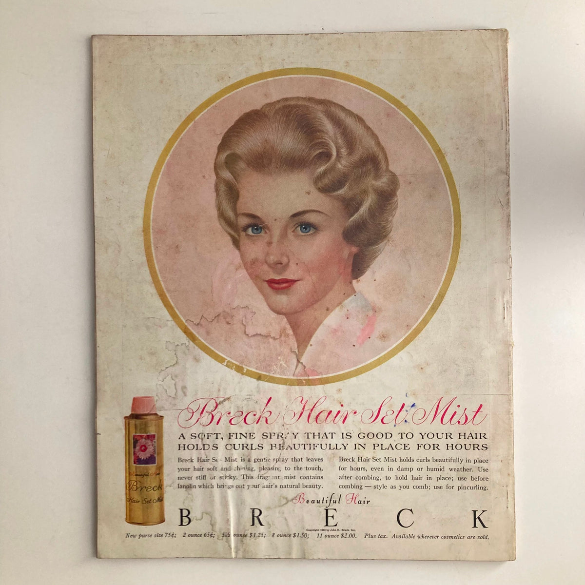 Ladies' Home Journal Magazine September 1960 back cover advertisement for Breck Hair Set Mist with an illustrated woman.