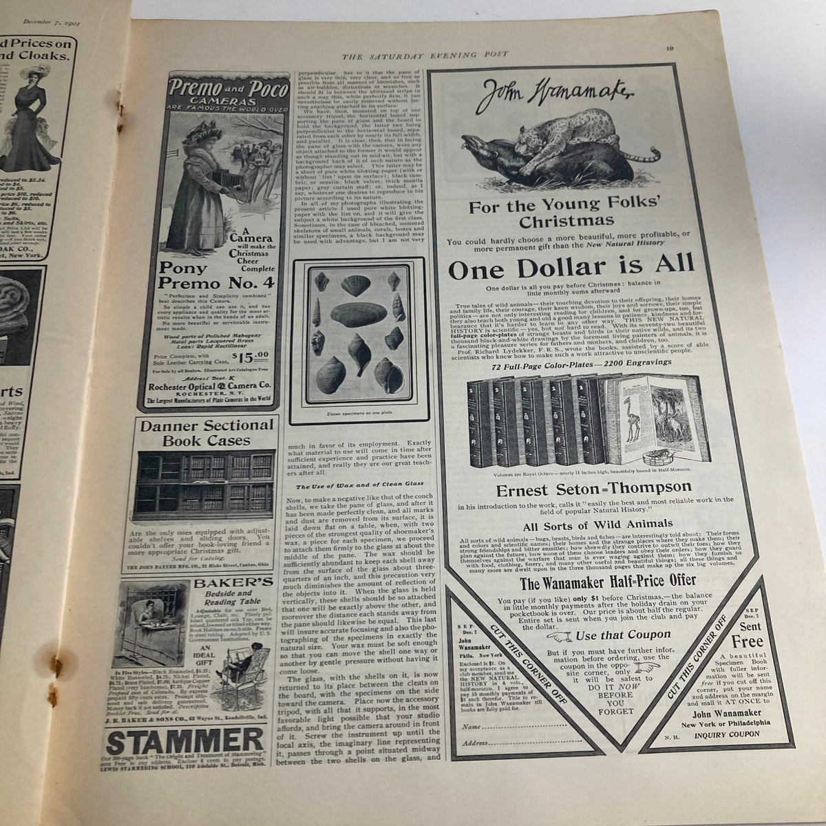 Interior page of the Saturday Evening Post Magazine dated December 7, 1901, featuring advertisements and articles from early 20th-century America.