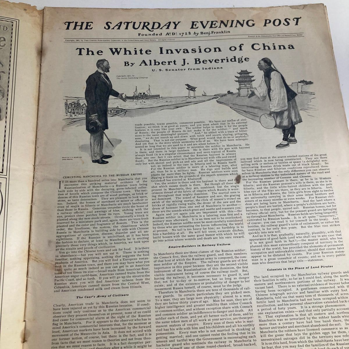 The Saturday Evening Post Magazine November 23, 1901 featuring an article titled 'The White Invasion of China' by U.S. Senator Albert J. Beveridge.